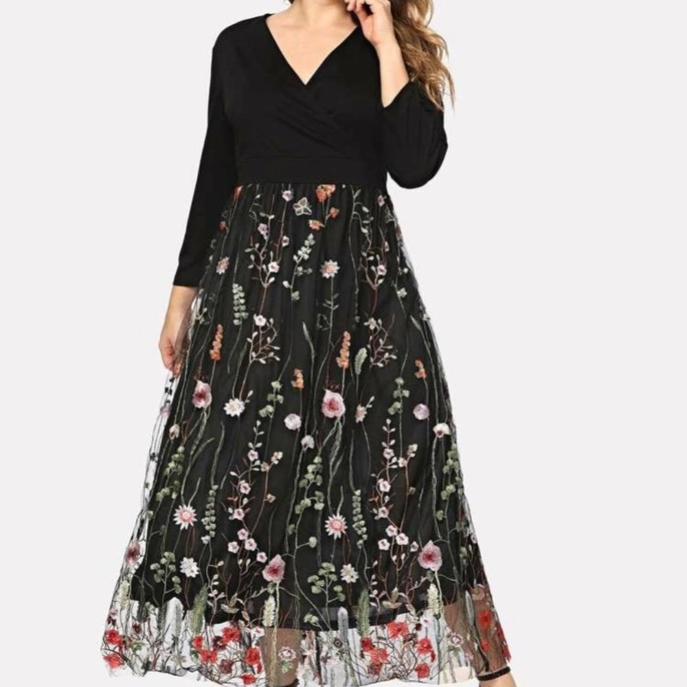 Plus Floral Embroidered Mesh Panel Dress